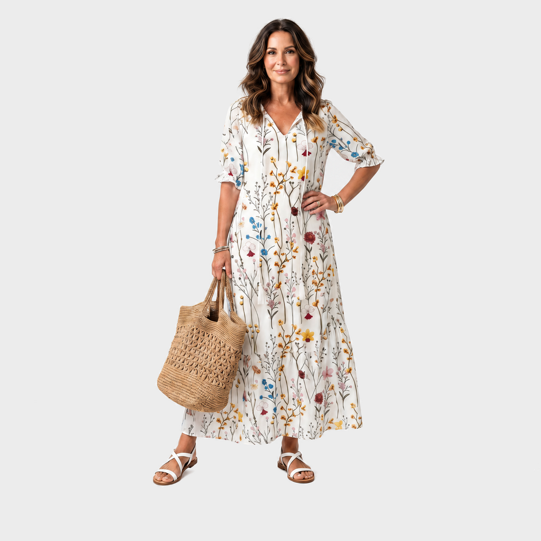 Iva – Bela botanična boho midi obleka z resicami