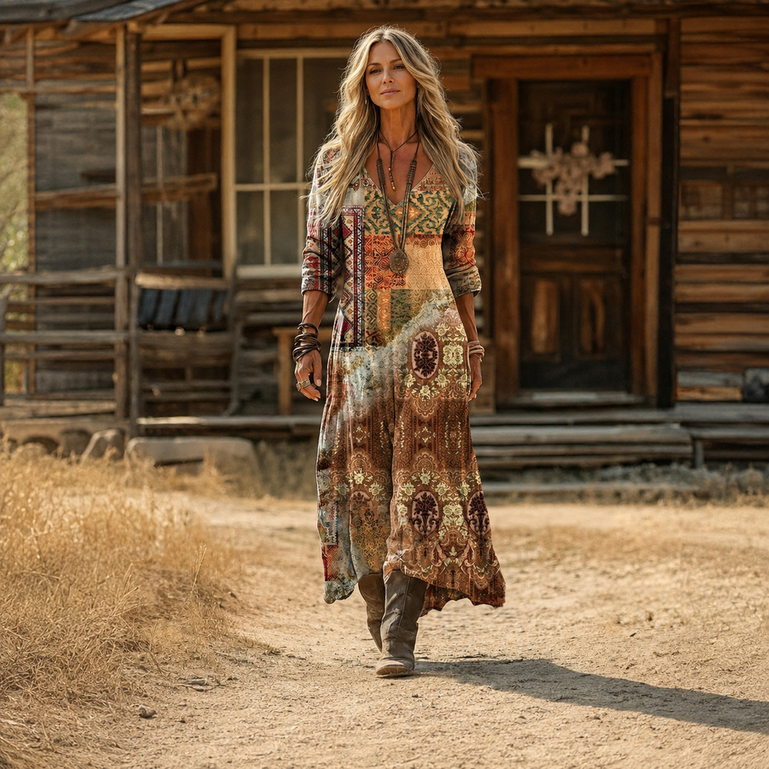 Tamara – Večbarvna Patchwork Boemska Maxi Obleka