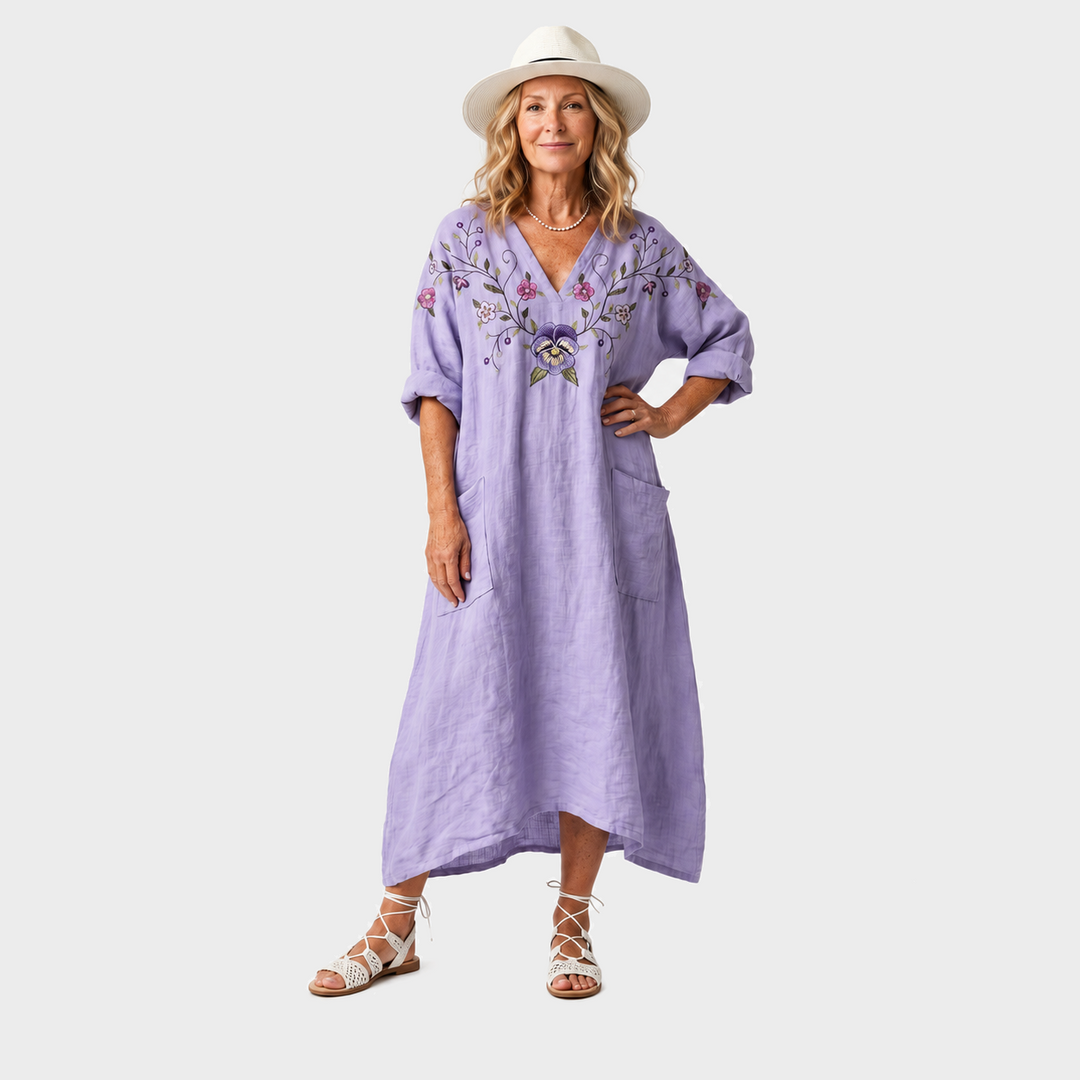 Vesna – Vijolična vezena boho midi obleka z žepi