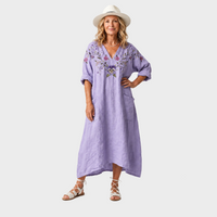 Vesna – Vijolična Vezena Boho Midi Obleka Z Žepi