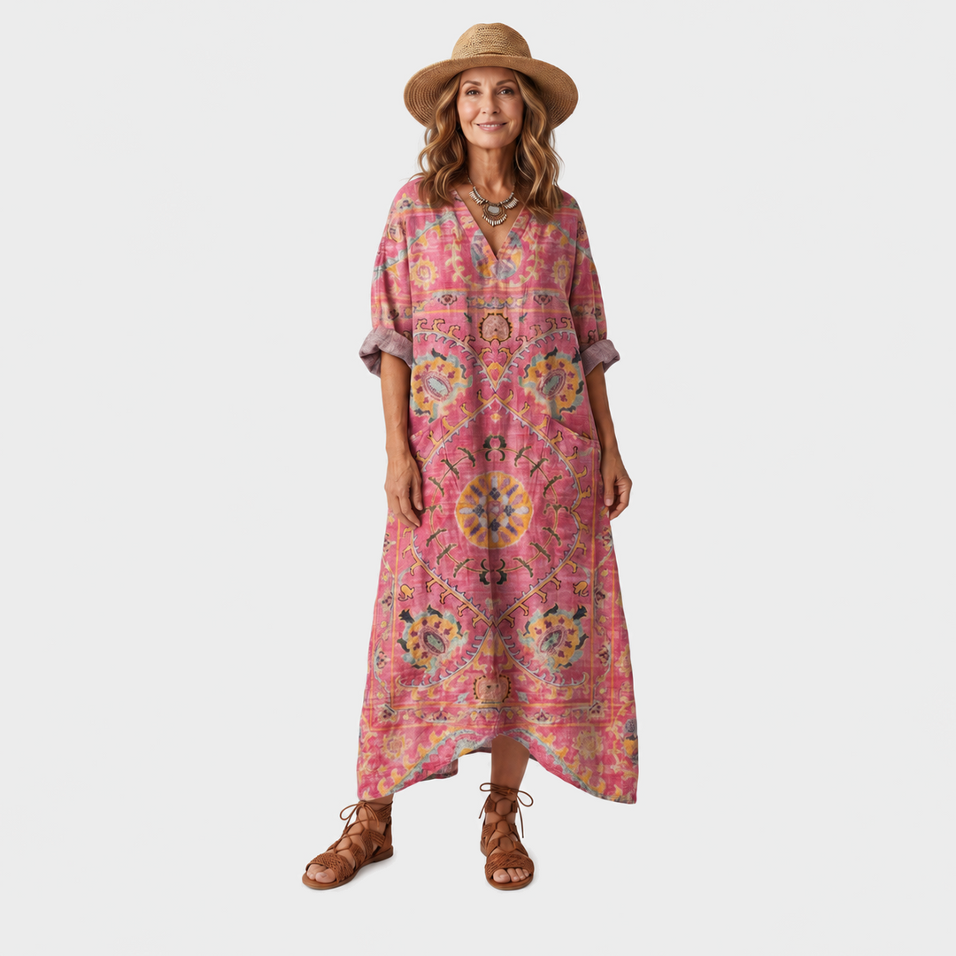 Maja – Rožnata ornamentna boho midi obleka z žepi