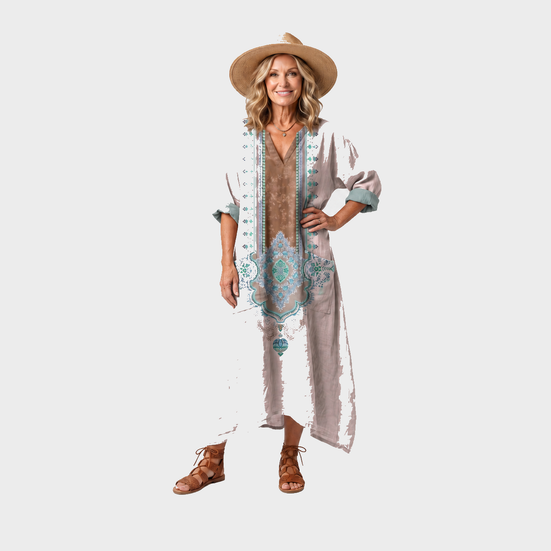 Tina – Rožnata vezena boho midi obleka z žepi