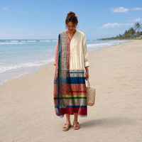 Veronika – Kremna Črtasta Patchwork Maxi Obleka