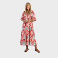 Anja – Rdeča Paisley Boho Midi Obleka